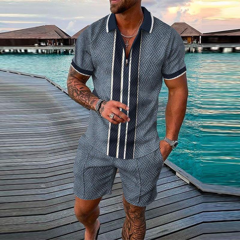 Men's 3D Printing POLO Shirt Lapel Zipper Short Sleeve + Casual Pants Set 12223148YM-DESTINY