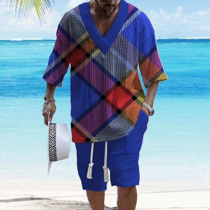 Men's Printed Short Sleeve Shorts Textured Set 02900264YY-DESTINY