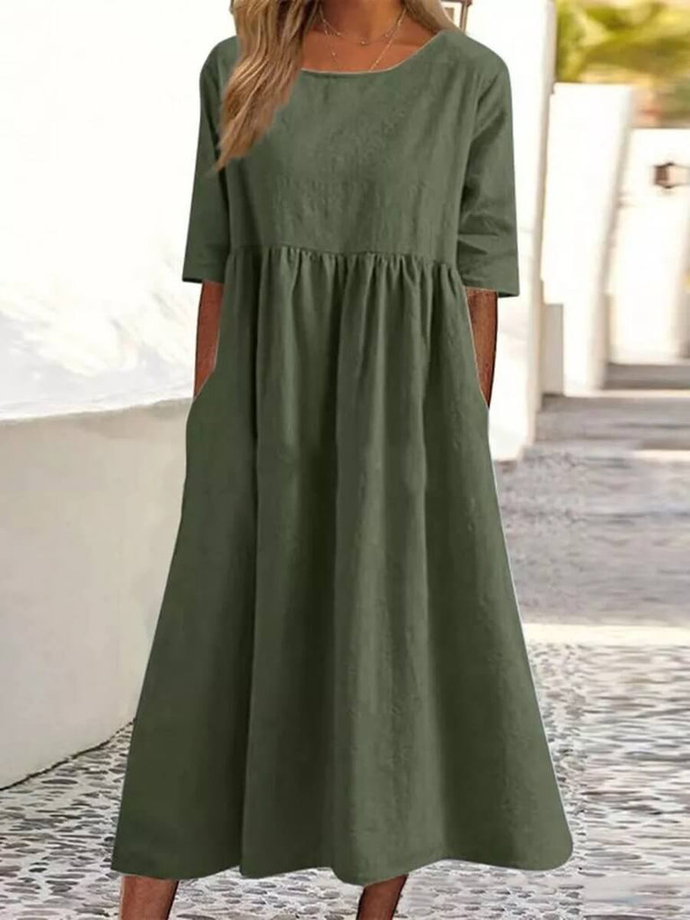 5-quarter Sleeve Casual Loose Solid Color Cotton and Linen Dress-DESTINY
