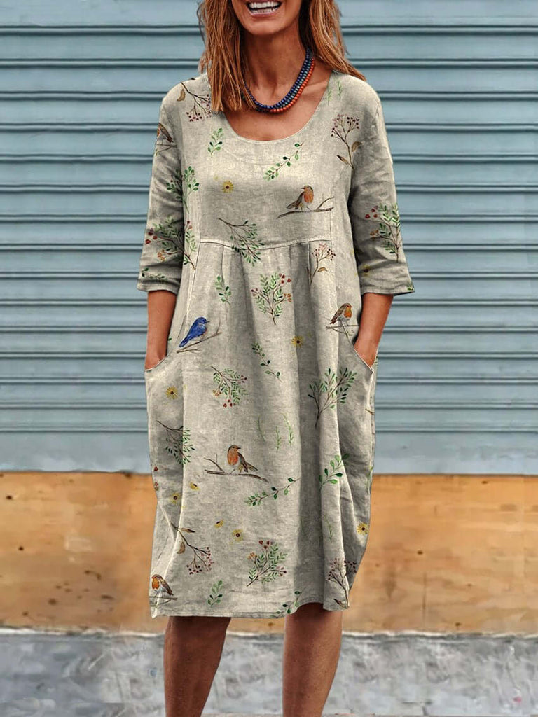 Boughs And Robin Birds Pattern Printed Women's Linen Pocket Tunic Dress-DESTINY