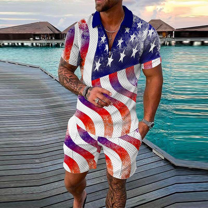 Men's 3D Printing POLO Shirt Lapel Zipper Short Sleeve + Casual Pants Set 12223148YM-DESTINY