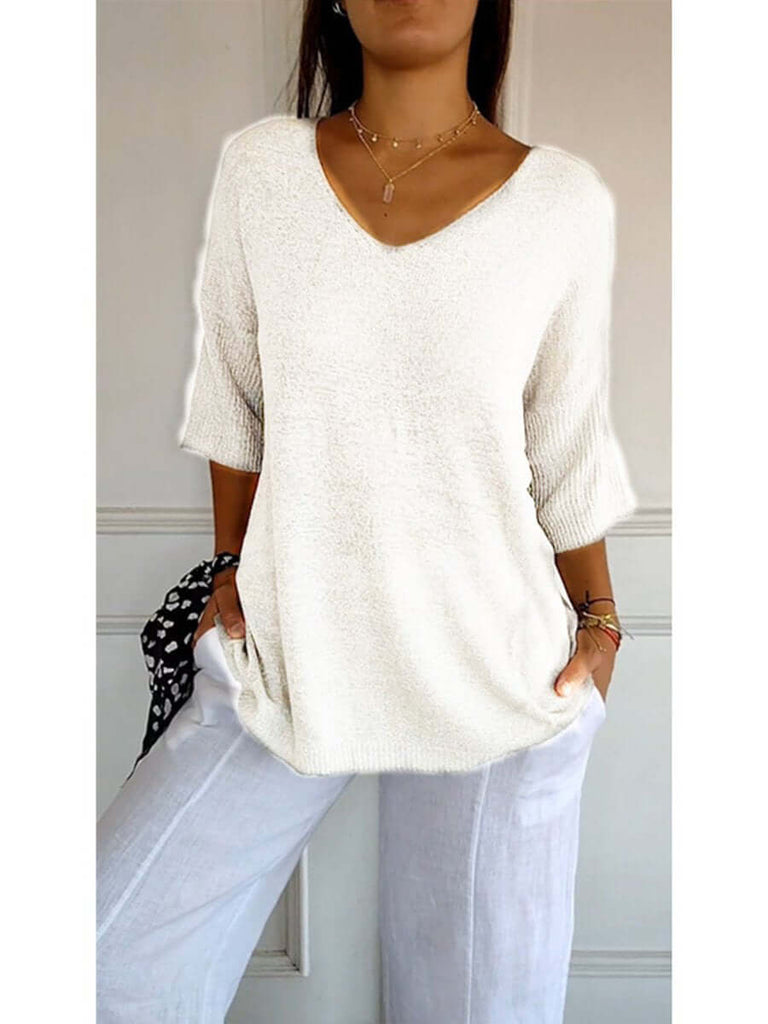 Women's Solid Color Knitted 3/4 Sleeve V-neck Top-DESTINY