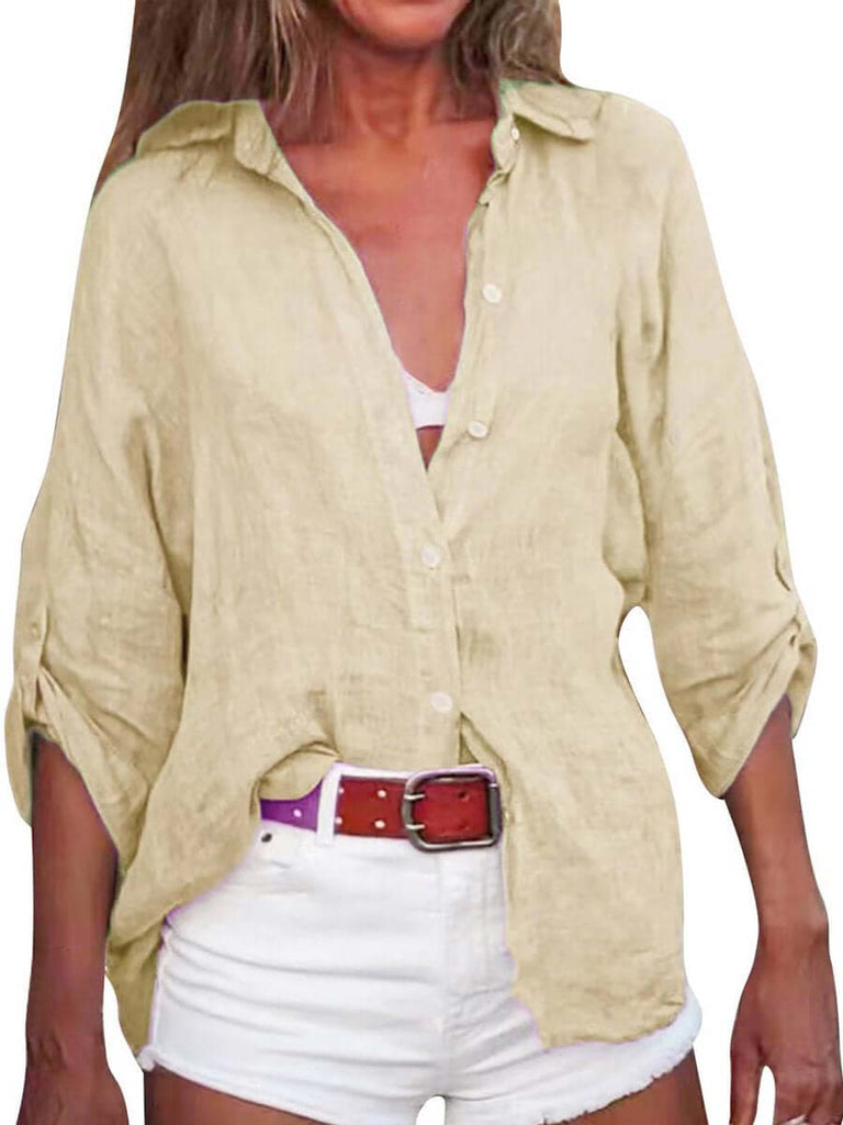 Women's Solid Color Cotton And Linen Loose Fit Shirt-DESTINY