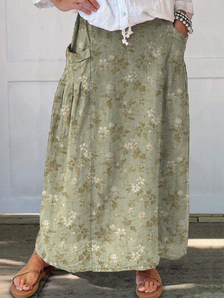 Spring Jasmine Floral Pattern Printed Women's Linen Pocket Skirt-DESTINY