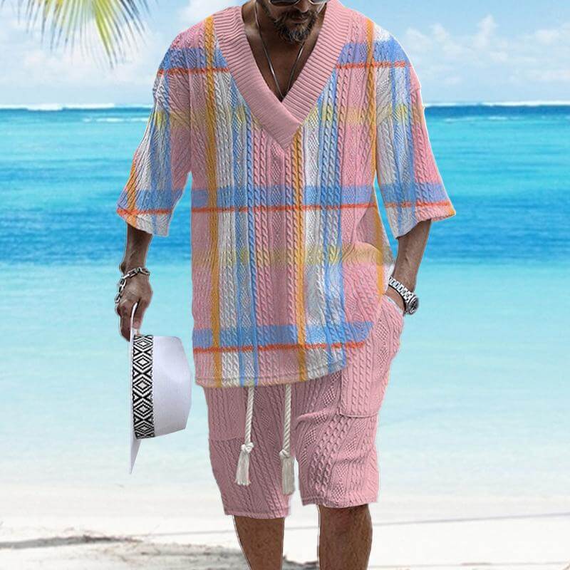 Men's Printed Short Sleeve Shorts Textured Set 41805845YY-DESTINY