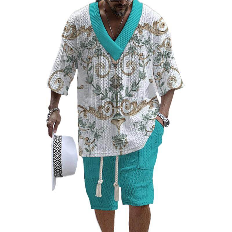 Men's Printed Short Sleeve Shorts Textured Set 18407709L-DESTINY