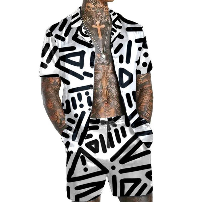 Men's Printed Set Short Sleeve Shirt Set 38504319L-DESTINY