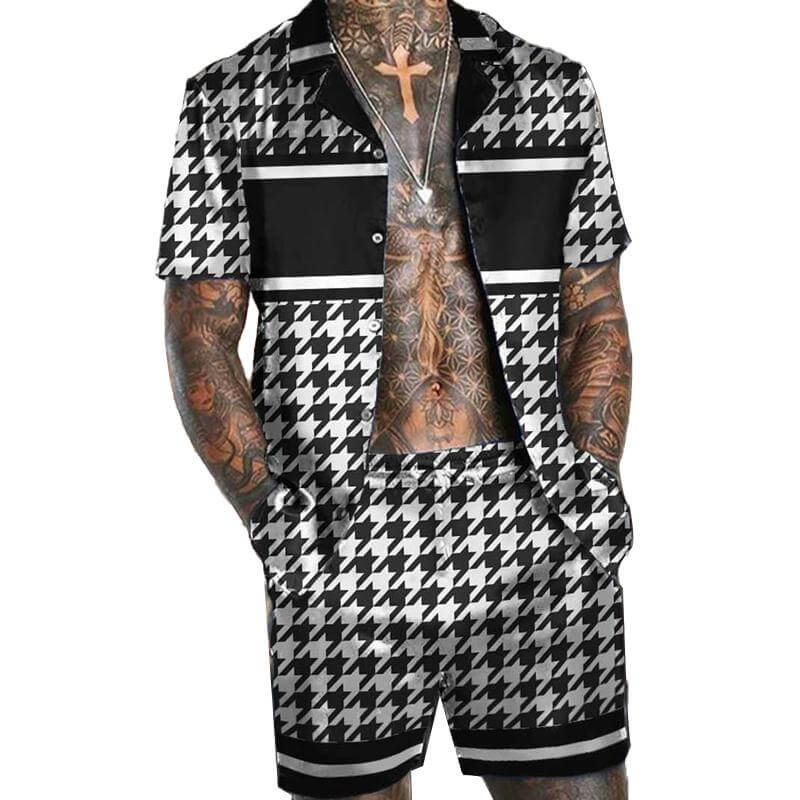 Men's Hawaiian Matching Set Summer Beach Houndstooth Print Two Piece Outfits 39532687L-DESTINY