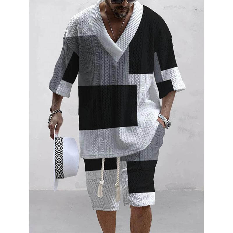 Men's Printed Short Sleeve Shorts Textured Set 62869824L-DESTINY