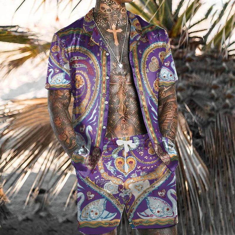 Men's Hawaiian Print Short Sleeve Shirt Set 17761276L-DESTINY