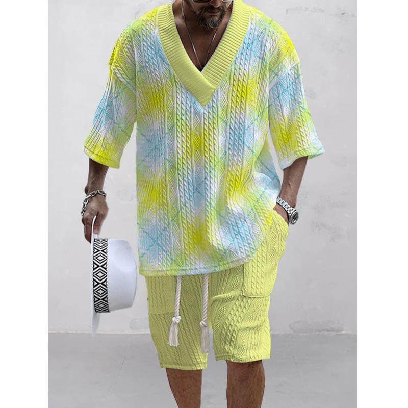 Men's Printed Short Sleeve Shorts Textured Set 45890326L-DESTINY