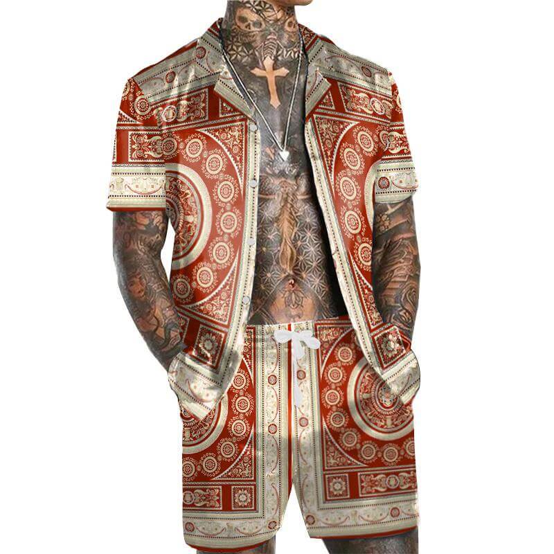 Men's Hawaiian Print Short Sleeve Shirt Set 21635887L-DESTINY