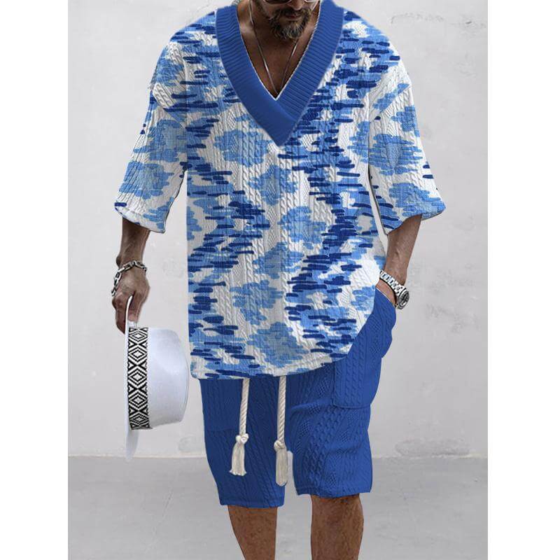 Men's Printed Short Sleeve Shorts Textured Set 09355159L-DESTINY