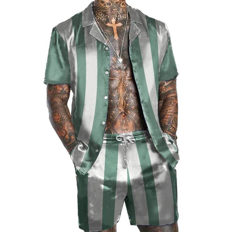 Men's Striped Color Block Shirt Shorts Set 19019546L-DESTINY