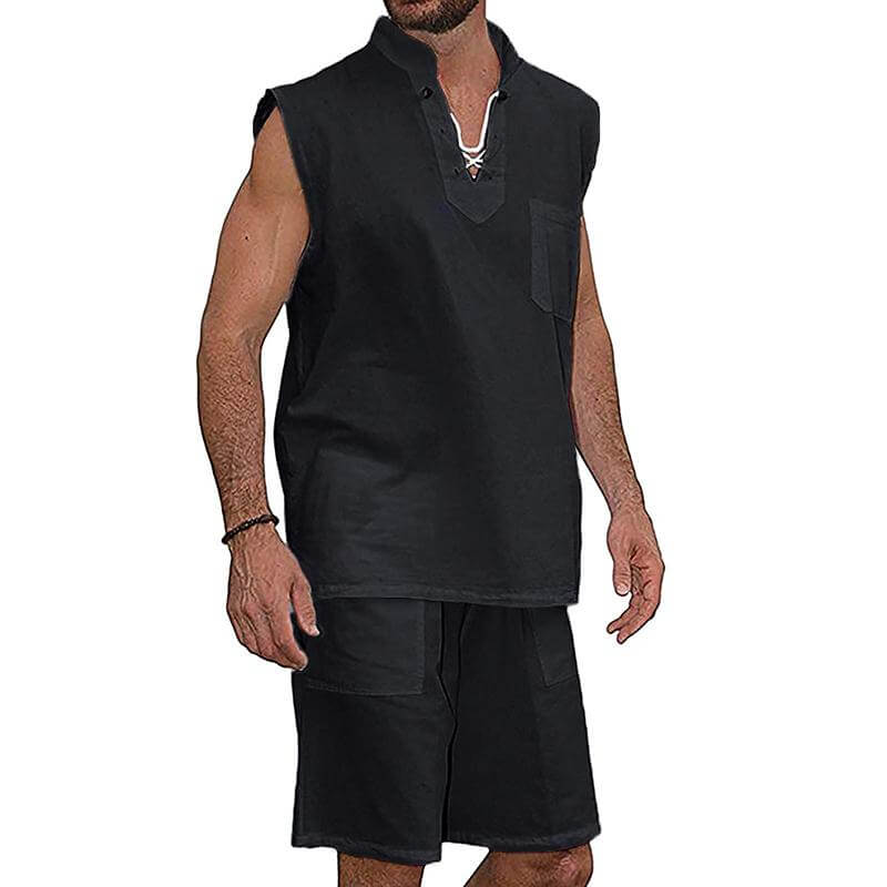 Men's Drawstring Collar Sleeveless Linen Shirt Shorts Set 29053799Z-DESTINY