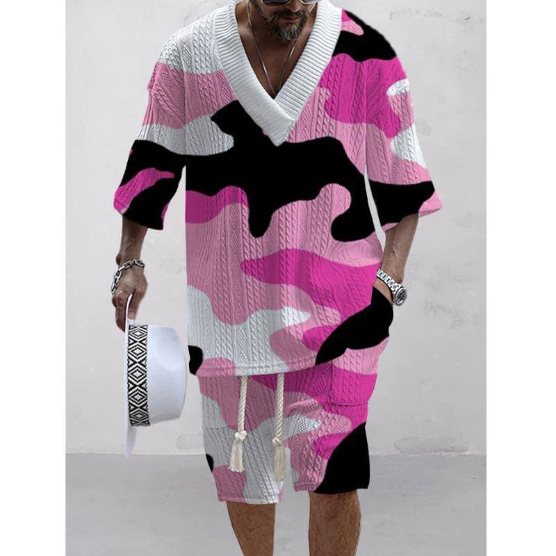 Men's Printed Short Sleeve Shorts Textured Set 33524476L-DESTINY