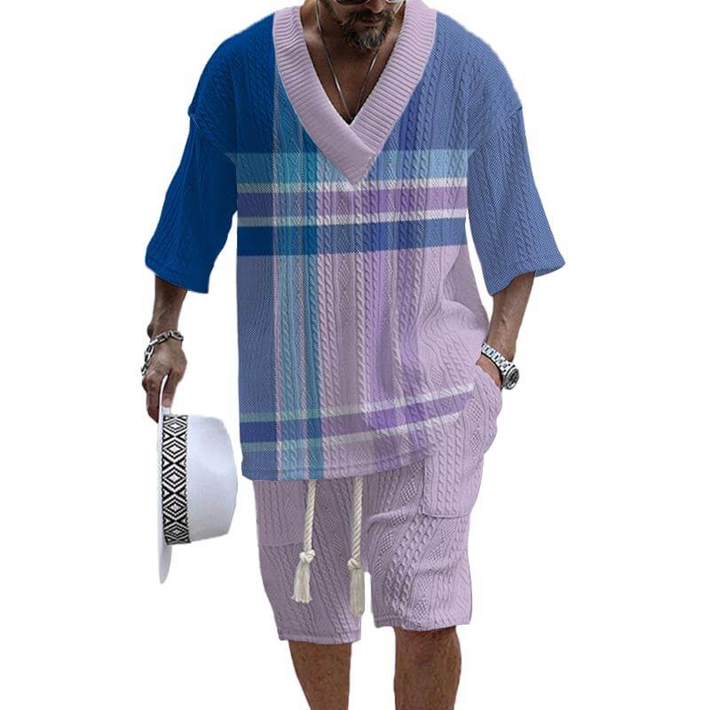 Men's Printed Short Sleeve Shorts Textured Set 68358498L-DESTINY