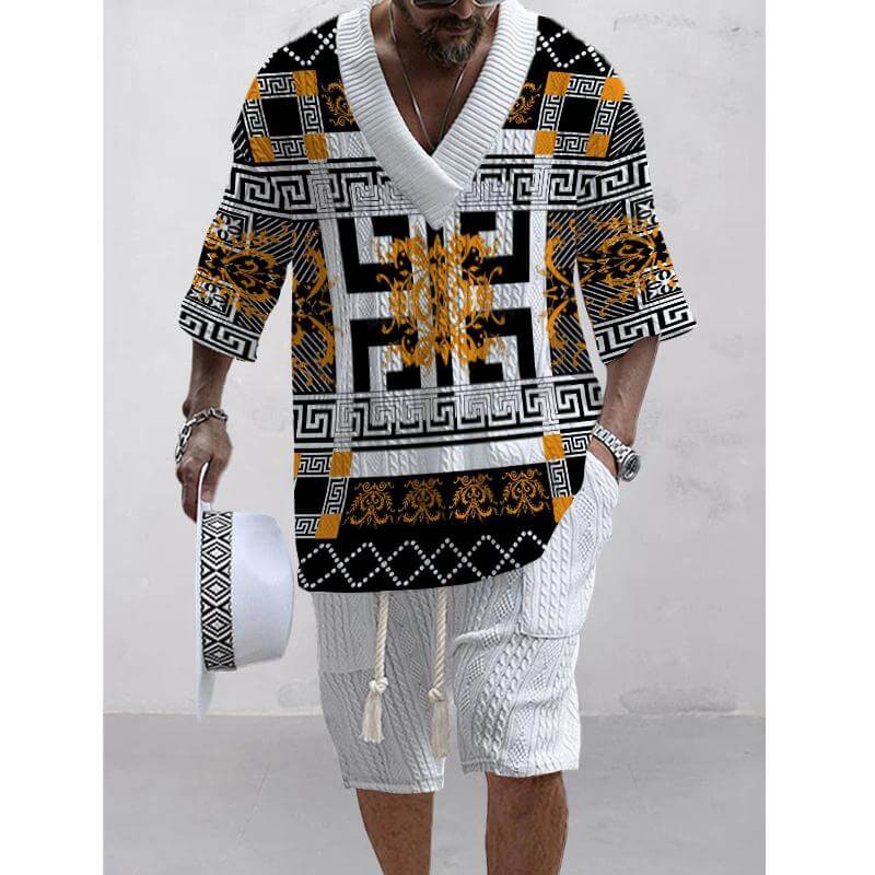 Men's Printed Short Sleeve Shorts Textured Set 85345470L-DESTINY
