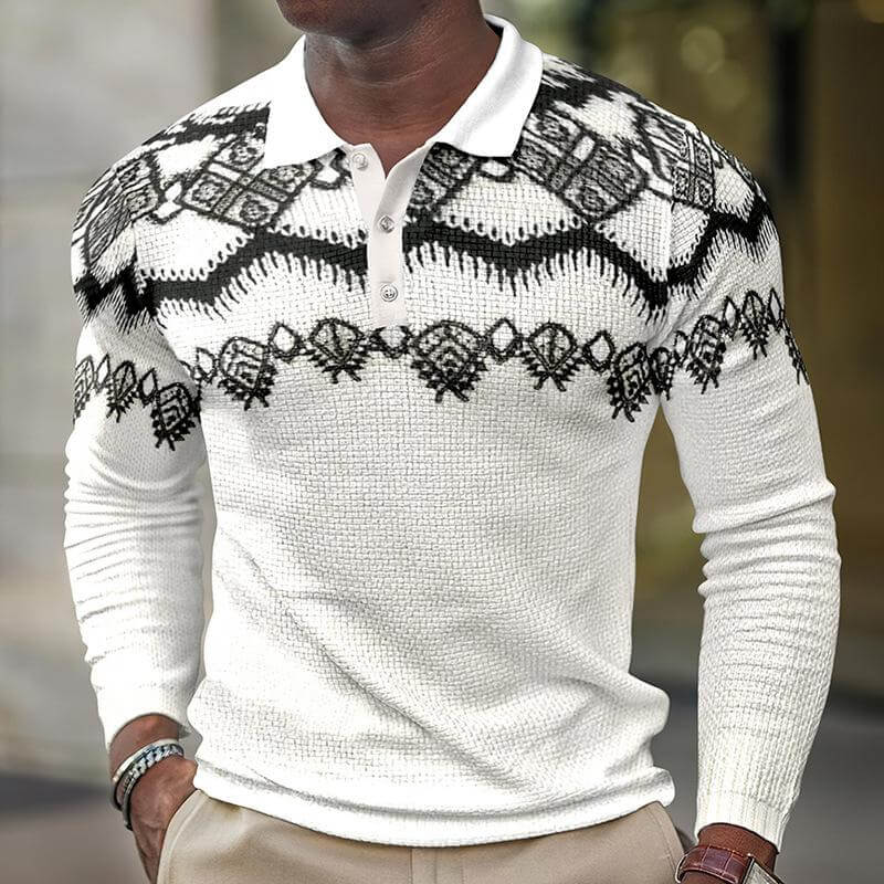 Men's Printed Lapel Button-down Polo Long Sleeve T-shirt 35818892L-DESTINY