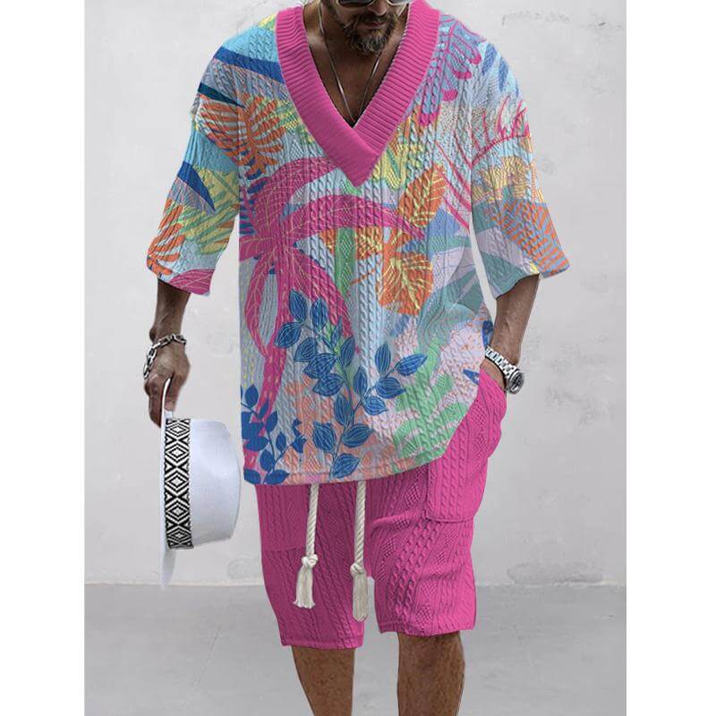 Men's Printed Short Sleeve Shorts Textured Set 74446745L-DESTINY