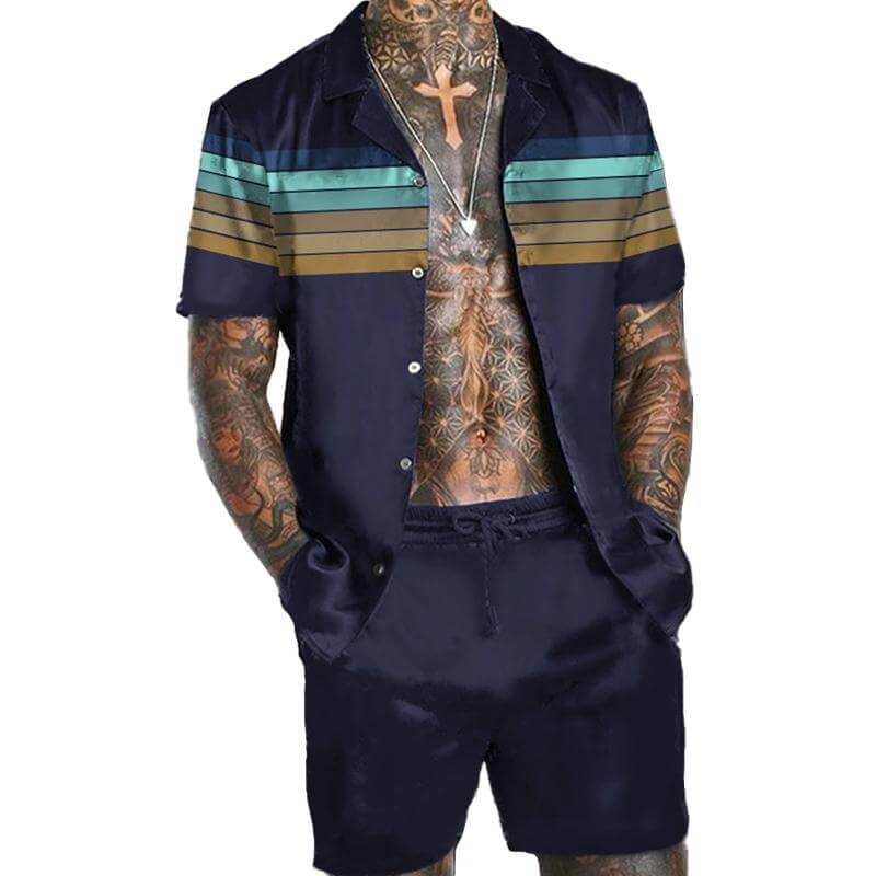 Striped Colorblock Casual Print Short Sleeve Suit 72722850L-DESTINY