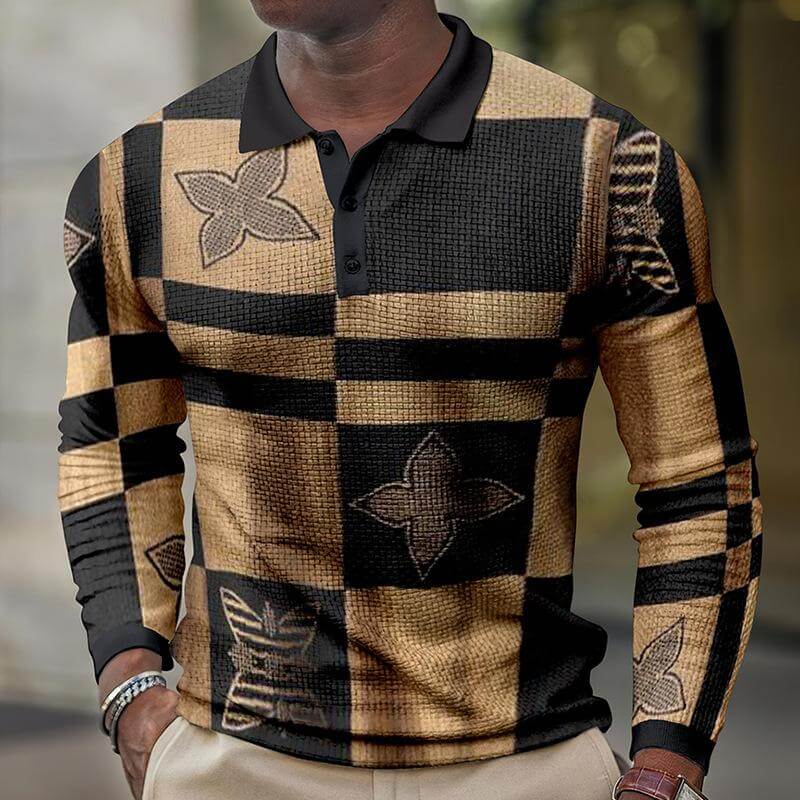 Men's Printed Lapel Button-down Polo Long Sleeve T-shirt 27845714L-DESTINY