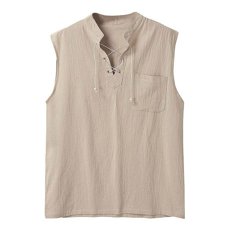Men's Drawstring Collar Sleeveless Linen Shirt Shorts Set 29053799Z-DESTINY