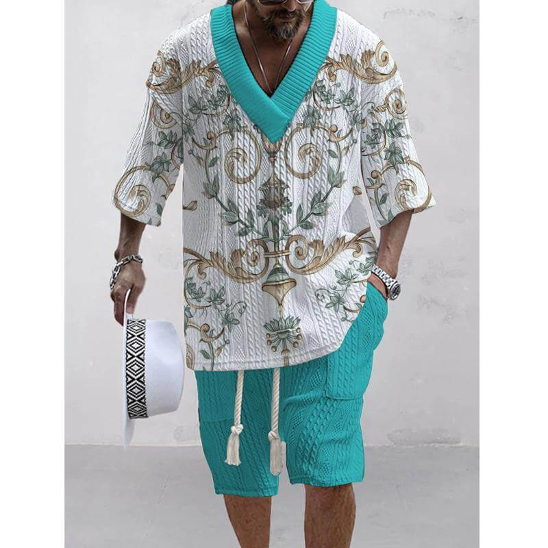 Men's Printed Short Sleeve Shorts Textured Set 18407709L-DESTINY