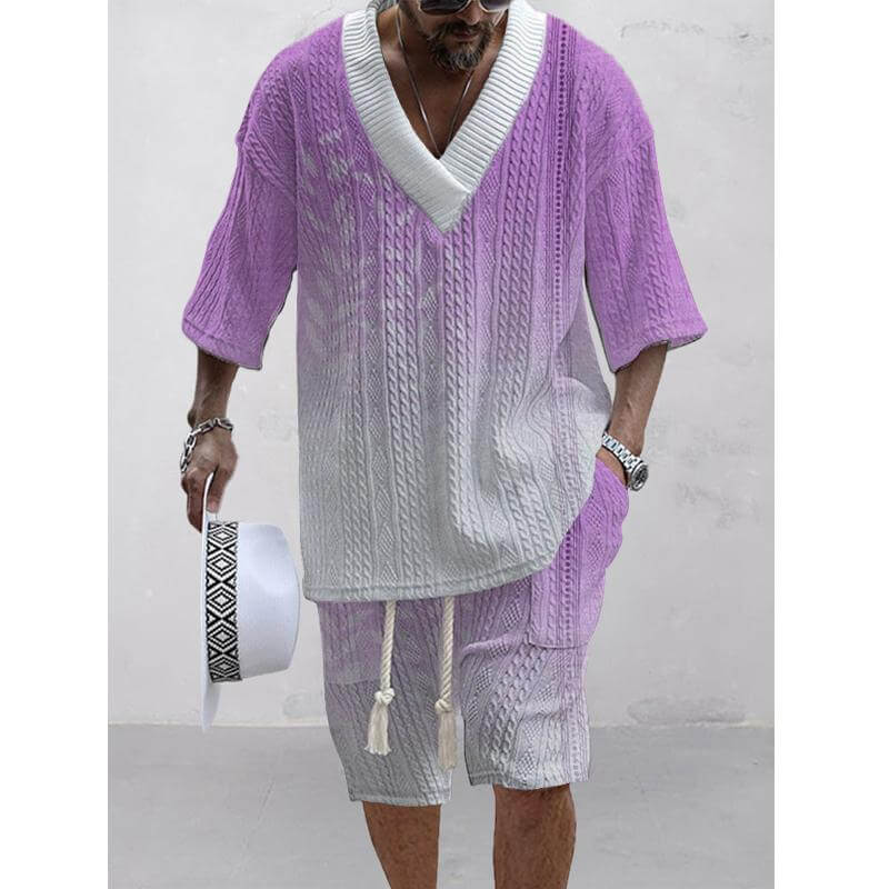 Men's Printed Short Sleeve Shorts Textured Set 45634654L-DESTINY