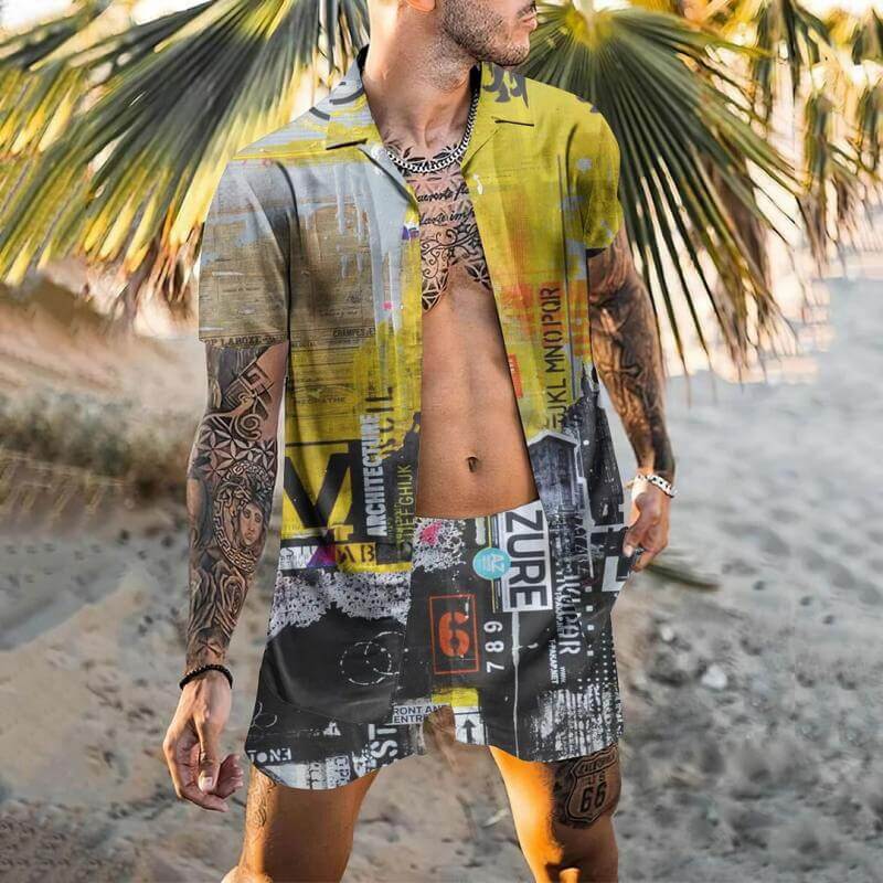 Men's Hawaiian Print Short Sleeve Shirt Set 82168950L-DESTINY