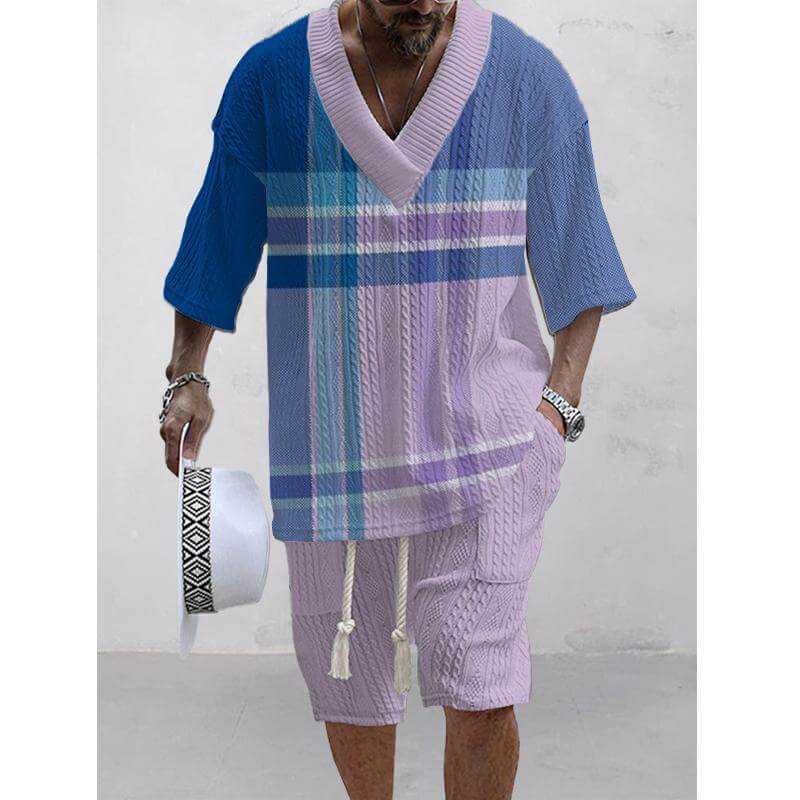 Men's Printed Short Sleeve Shorts Textured Set 68358498L-DESTINY