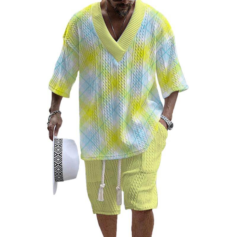 Men's Printed Short Sleeve Shorts Textured Set 45890326L-DESTINY