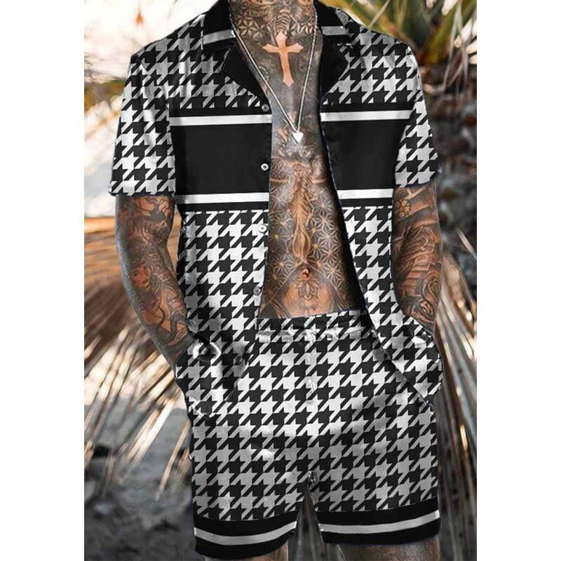 Men's Hawaiian Matching Set Summer Beach Houndstooth Print Two Piece Outfits 39532687L-DESTINY