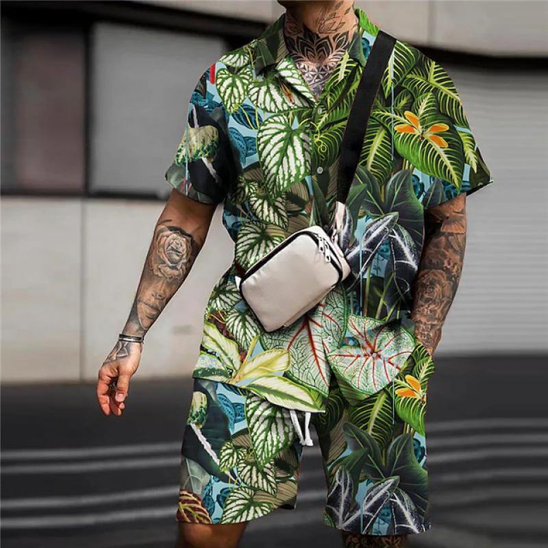 Men's Printed Cuban Collar Short Sleeve Shorts Set 19911191L-DESTINY