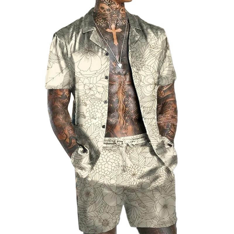 Men's Hawaiian Print Shirt Shorts Two-piece Set 42401574L-DESTINY