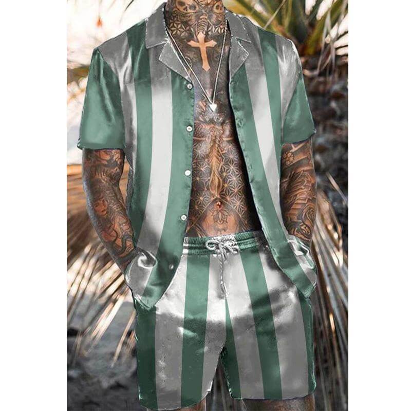 Men's Striped Color Block Shirt Shorts Set 19019546L-DESTINY