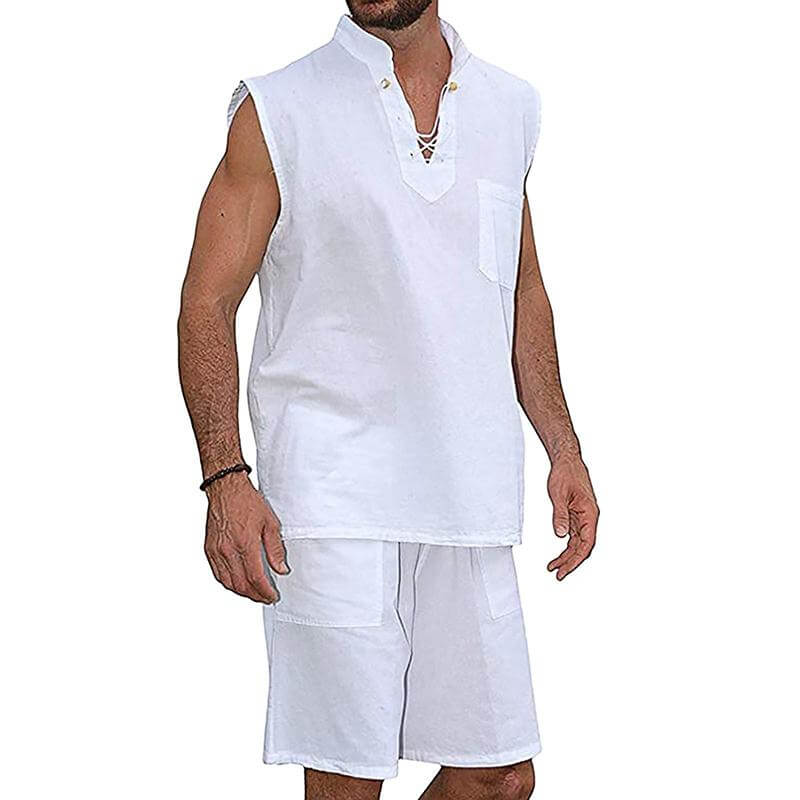 Men's Drawstring Collar Sleeveless Linen Shirt Shorts Set 29053799Z-DESTINY