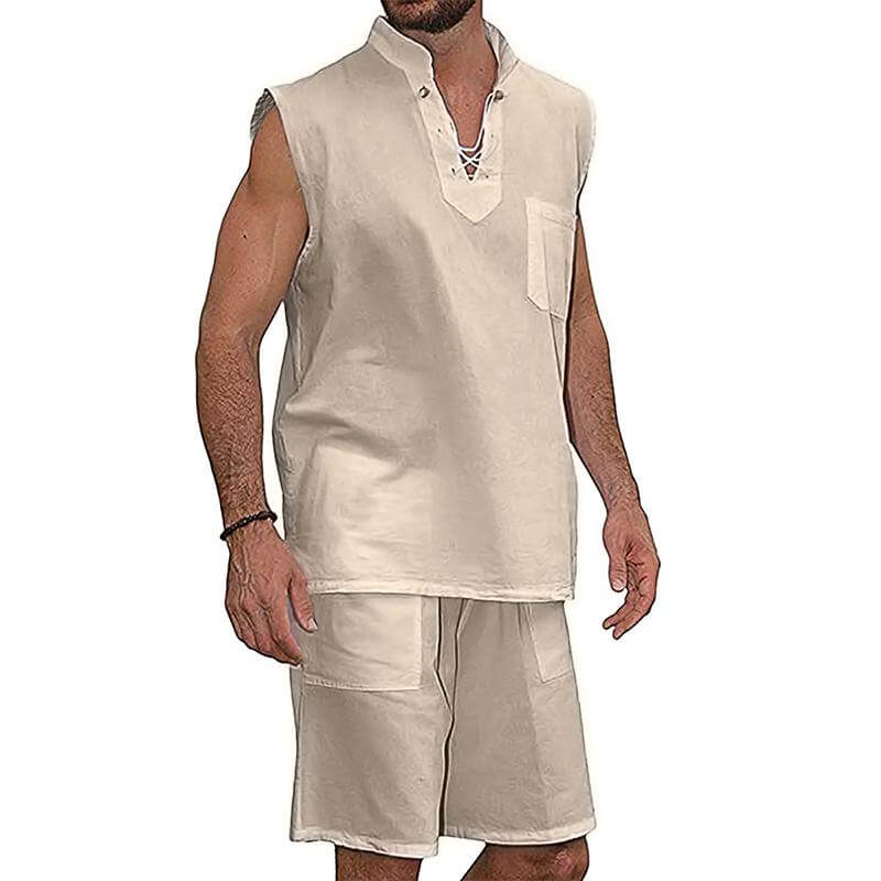 Men's Drawstring Collar Sleeveless Linen Shirt Shorts Set 29053799Z-DESTINY