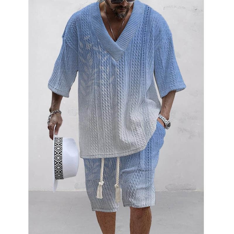 Men's Printed Short Sleeve Shorts Textured Set 45634654L-DESTINY