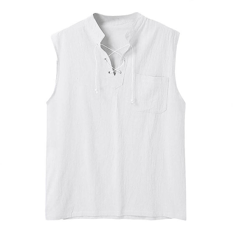 Men's Drawstring Collar Sleeveless Linen Shirt Shorts Set 29053799Z-DESTINY