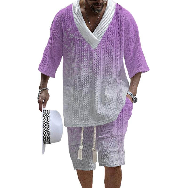 Men's Printed Short Sleeve Shorts Textured Set 45634654L-DESTINY