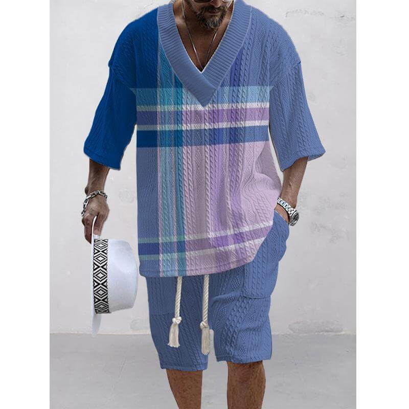 Men's Printed Short Sleeve Shorts Textured Set 68358498L-DESTINY