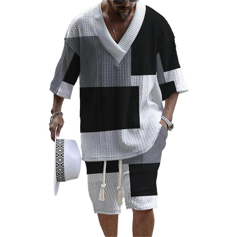 Men's Printed Short Sleeve Shorts Textured Set 62869824L-DESTINY