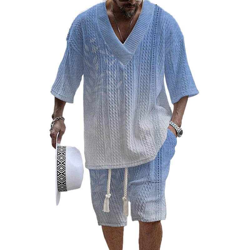 Men's Printed Short Sleeve Shorts Textured Set 45634654L-DESTINY