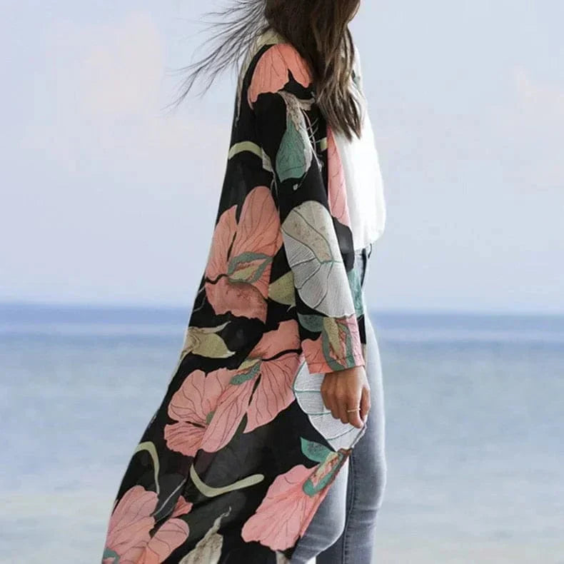 Beach kimono with large flowers-DESTINY