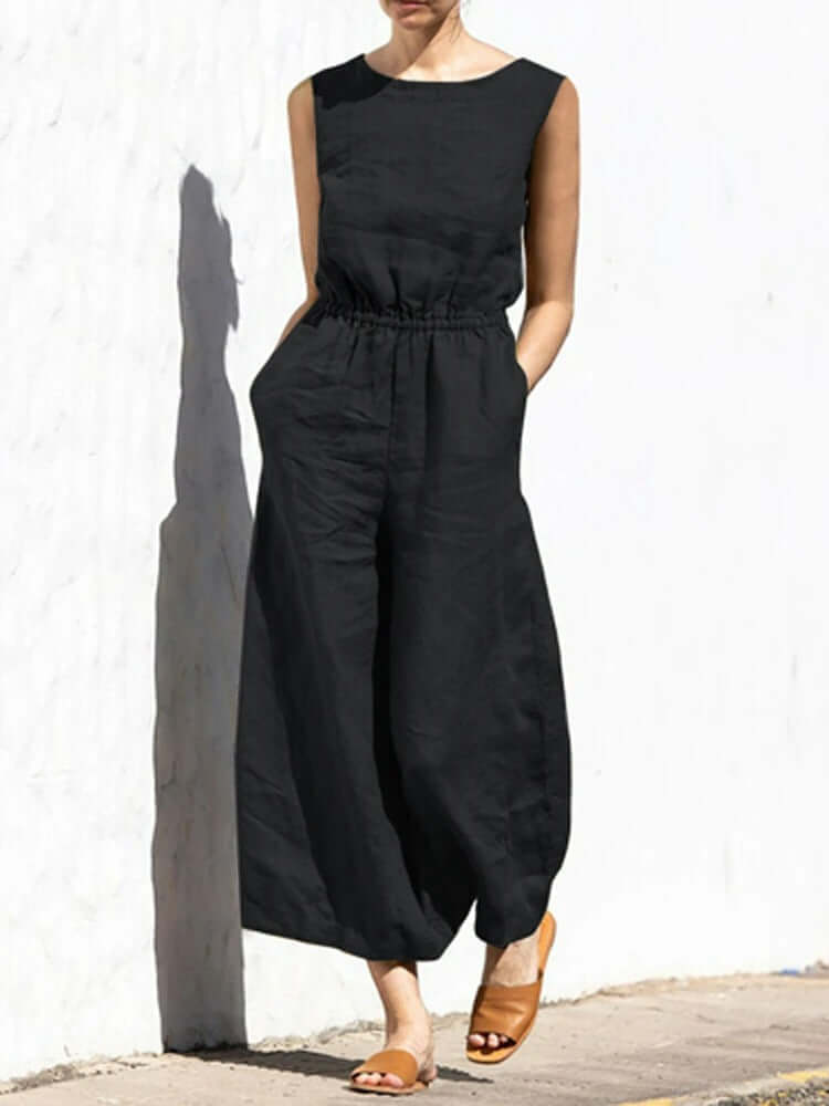 Jule - Linen Round Neck Jumpsuit-DESTINY