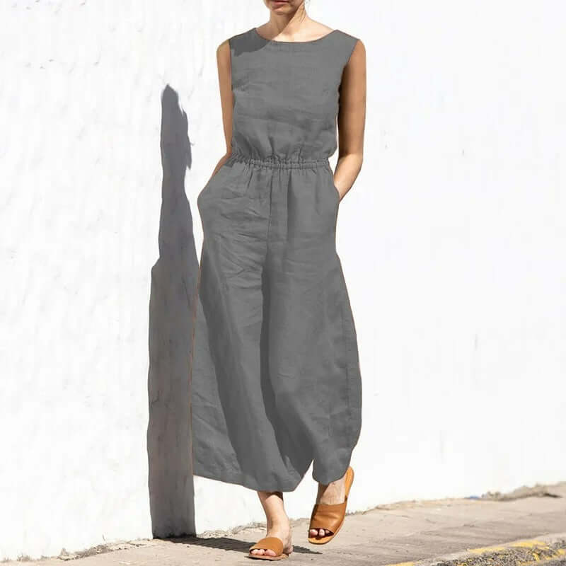 Jule - Linen Round Neck Jumpsuit-DESTINY