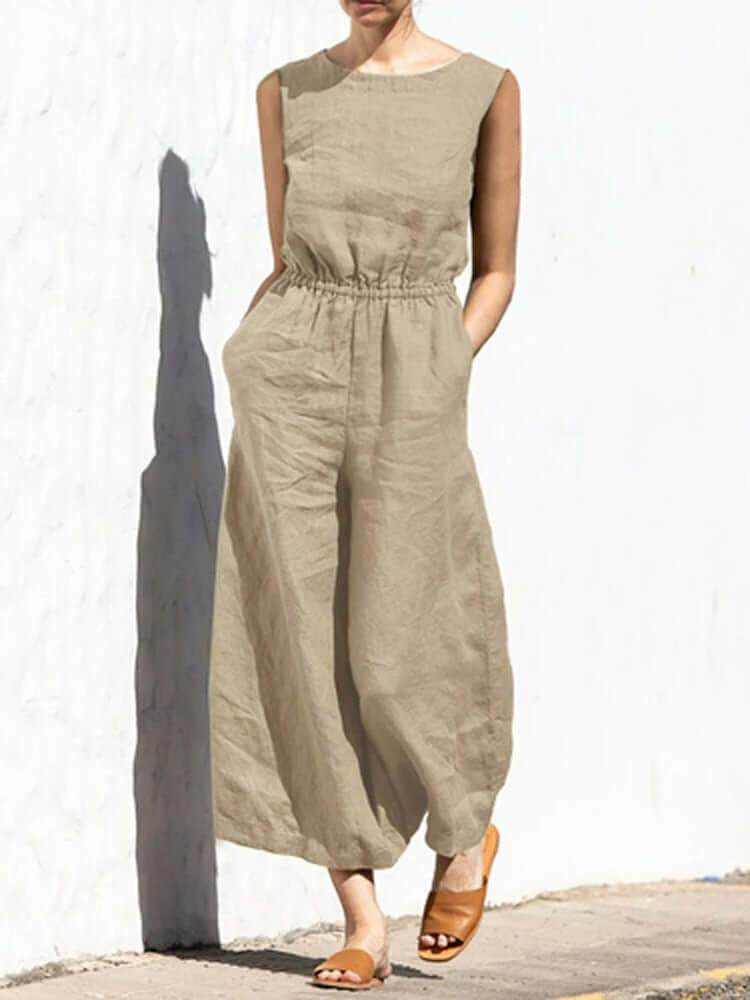 Jule - Linen Round Neck Jumpsuit-DESTINY