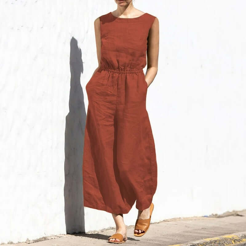 Jule - Linen Round Neck Jumpsuit-DESTINY